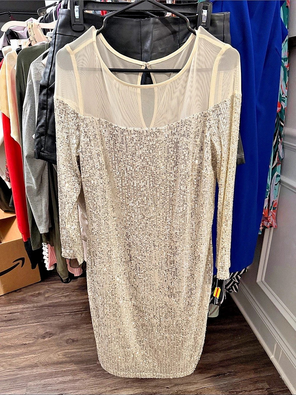 Sequin Sheer Yoke Midi Dress in Beige & Silver Like New